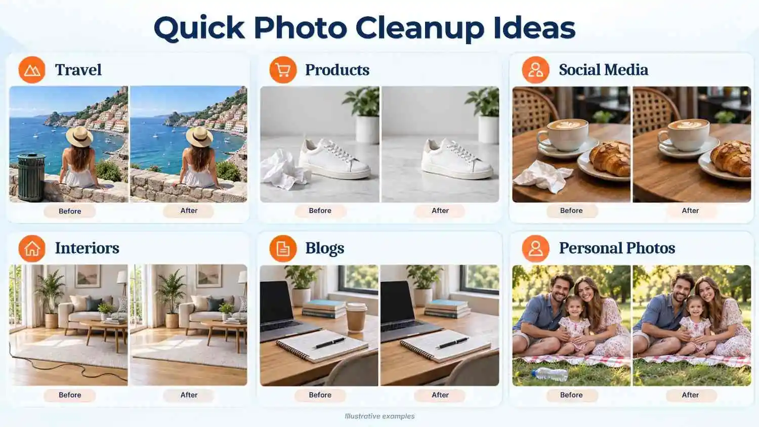 Before and after photo cleanup examples for travel, products, social media, interiors, blogs and personal photos