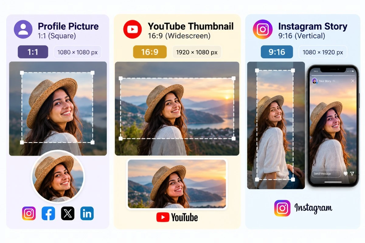 Crop sizes for profile picture 1:1, YouTube thumbnail 16:9 and Instagram story 9:16