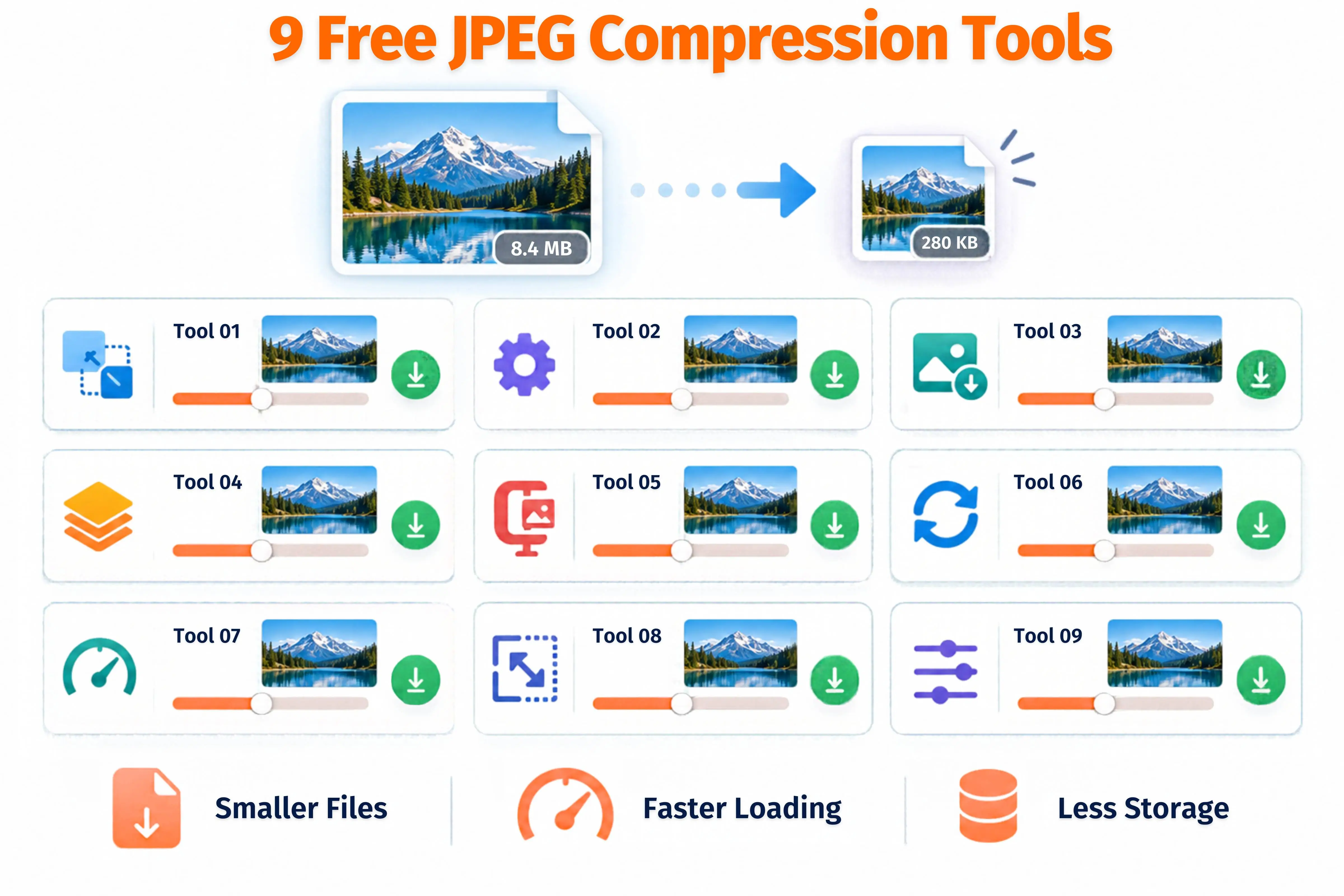 Free online image compressor reducing JPG, PNG and WebP file size in the browser without losing quality