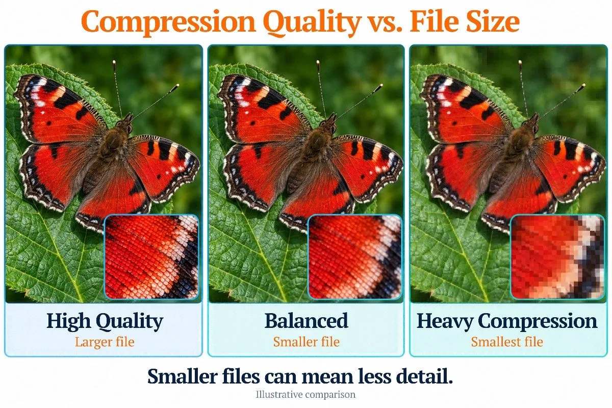 Comparison of high quality, balanced and heavy image compression showing how smaller files can lose detail