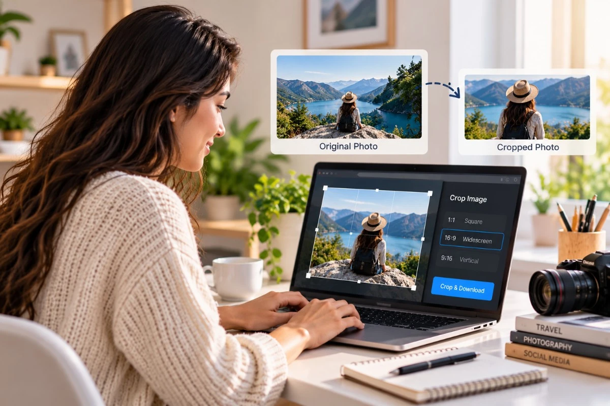 A woman using a laptop to crop photos online and compare original and cropped images